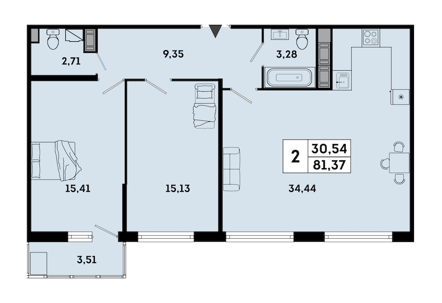 2-комнатная квартира 83.83 м², 6/7 эт., ЖК «OKLA»