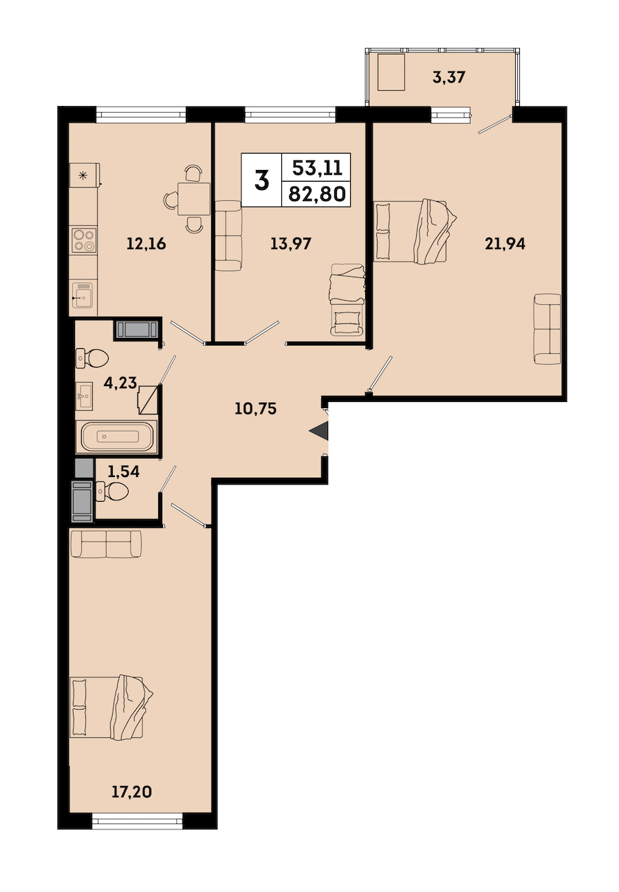 3-комнатная квартира 85.16 м², 6/7 эт., ЖК «OKLA»