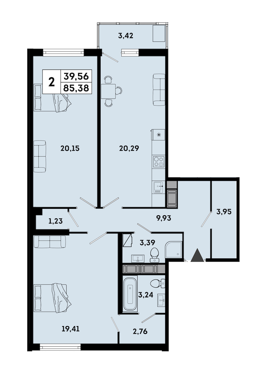 2-комнатная квартира 87.77 м², 6/7 эт., ЖК «OKLA»