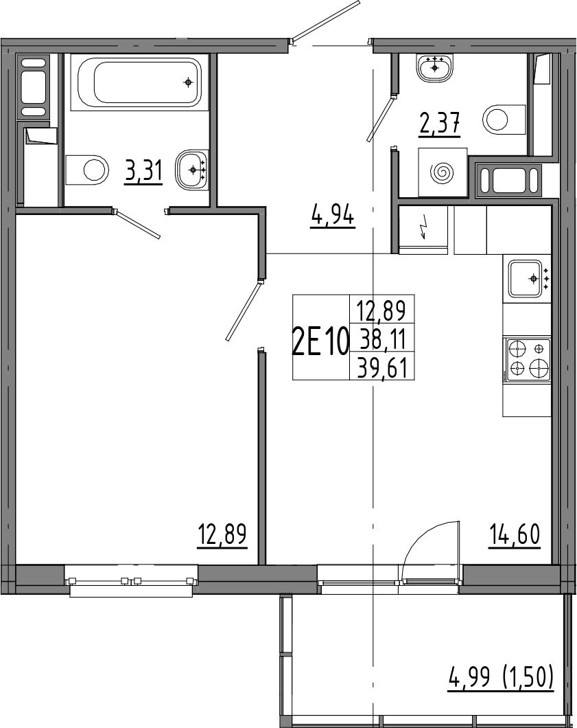 1-комнатная квартира 39.61 м², 4/8 эт., ЖК «OKLA»
