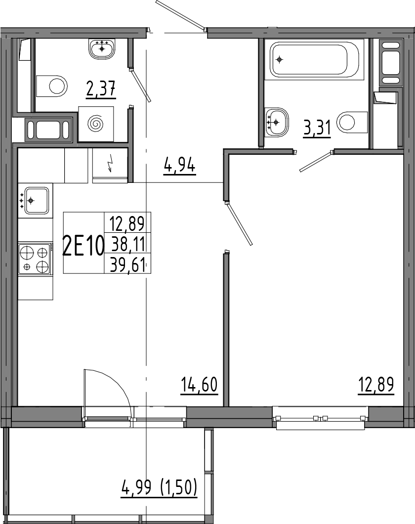 1-комнатная квартира 43.11 м², 5/8 эт., ЖК «OKLA»