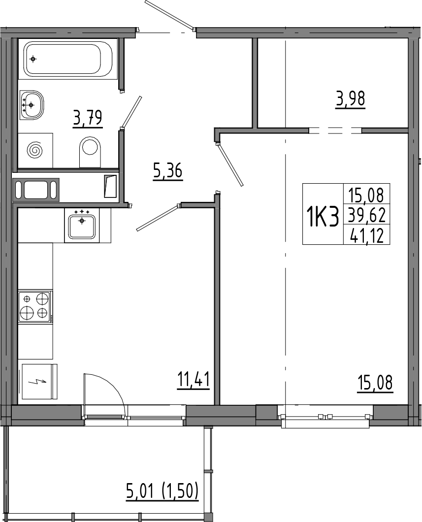 1-комнатная квартира 44.62 м², 3/8 эт., ЖК «OKLA»