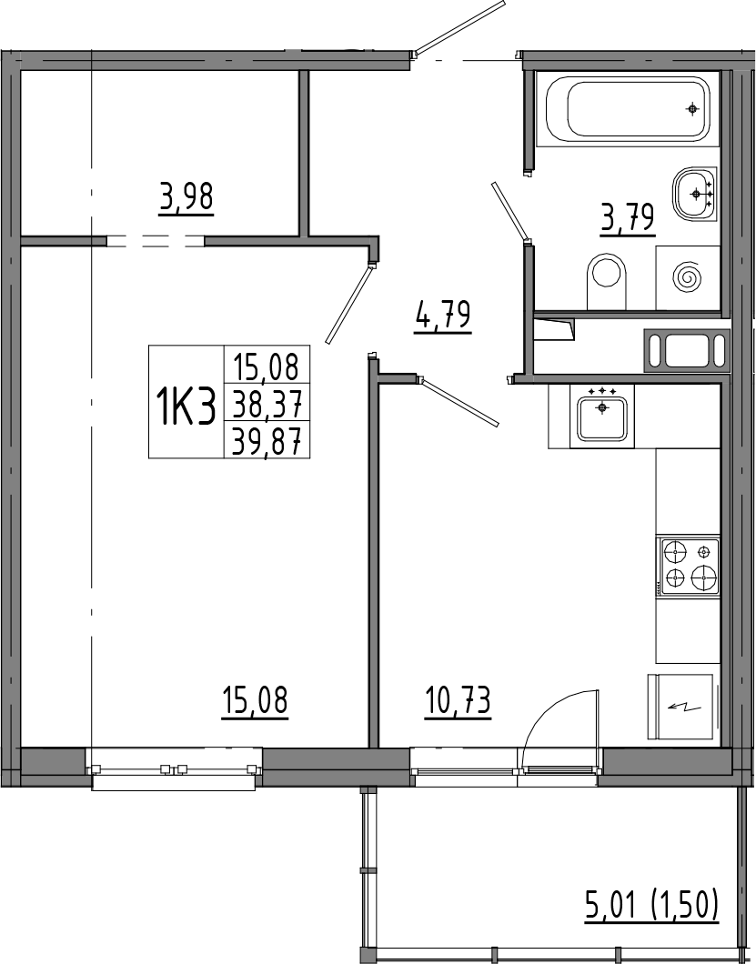 1-комнатная квартира 43.37 м², 4/8 эт., ЖК «OKLA»
