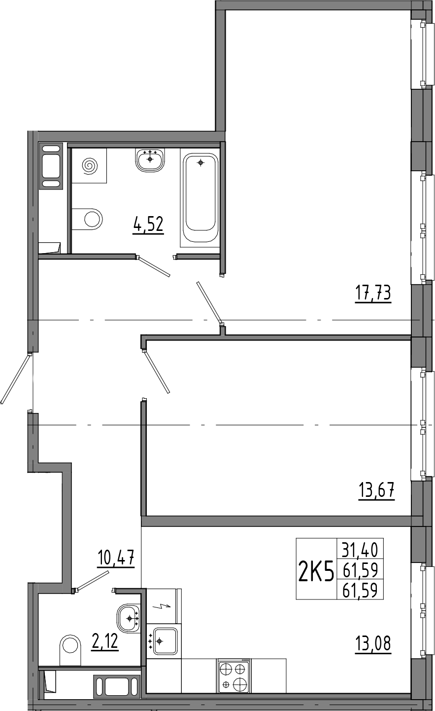 2-комнатная квартира 61.59 м², 7/8 эт., ЖК «OKLA»