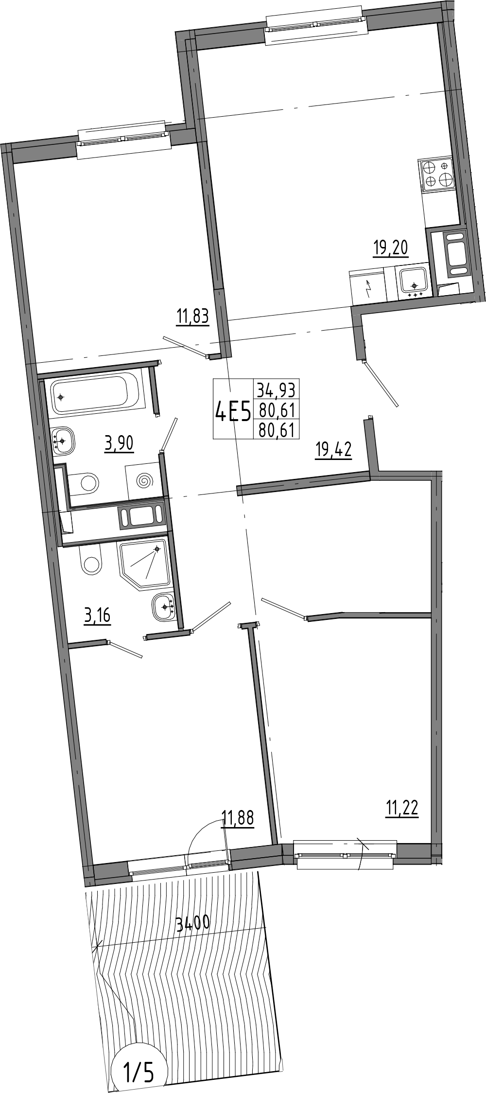 3-комнатная квартира 80.61 м², 1/8 эт., ЖК «OKLA»