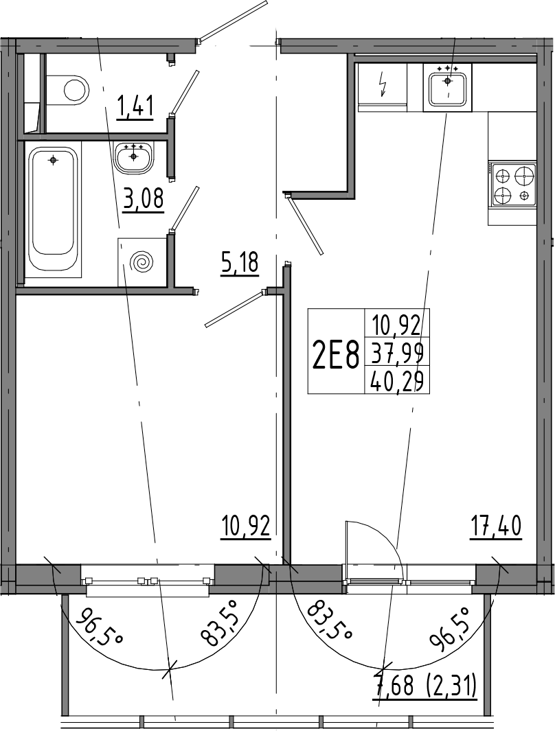 1-комнатная квартира 45.66 м², 2/8 эт., ЖК «OKLA»