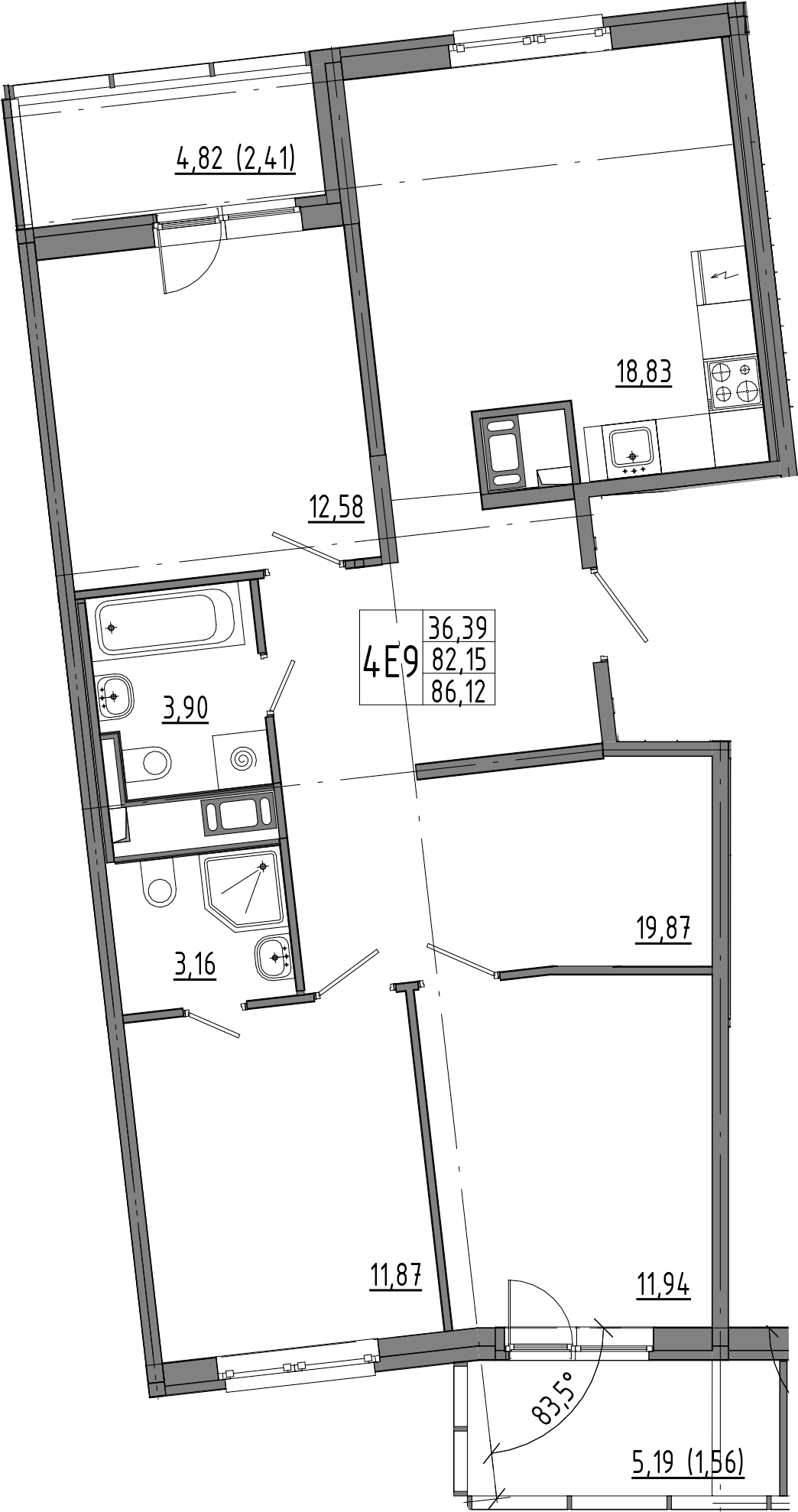 3-комнатная квартира 92.17 м², 4/8 эт., ЖК «OKLA»