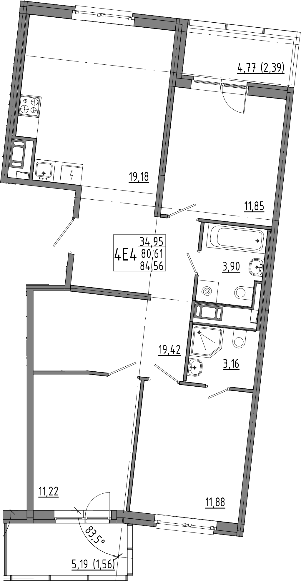 3-комнатная квартира 90.59 м², 7/8 эт., ЖК «OKLA»