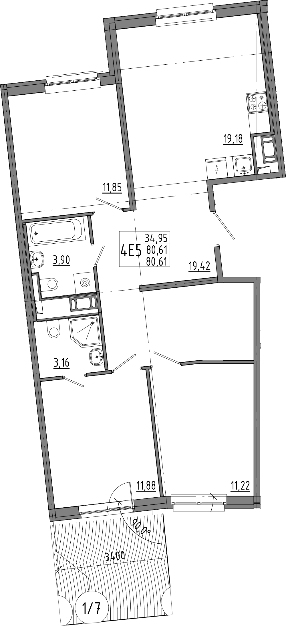 3-комнатная квартира 80.61 м², 1/8 эт., ЖК «OKLA»