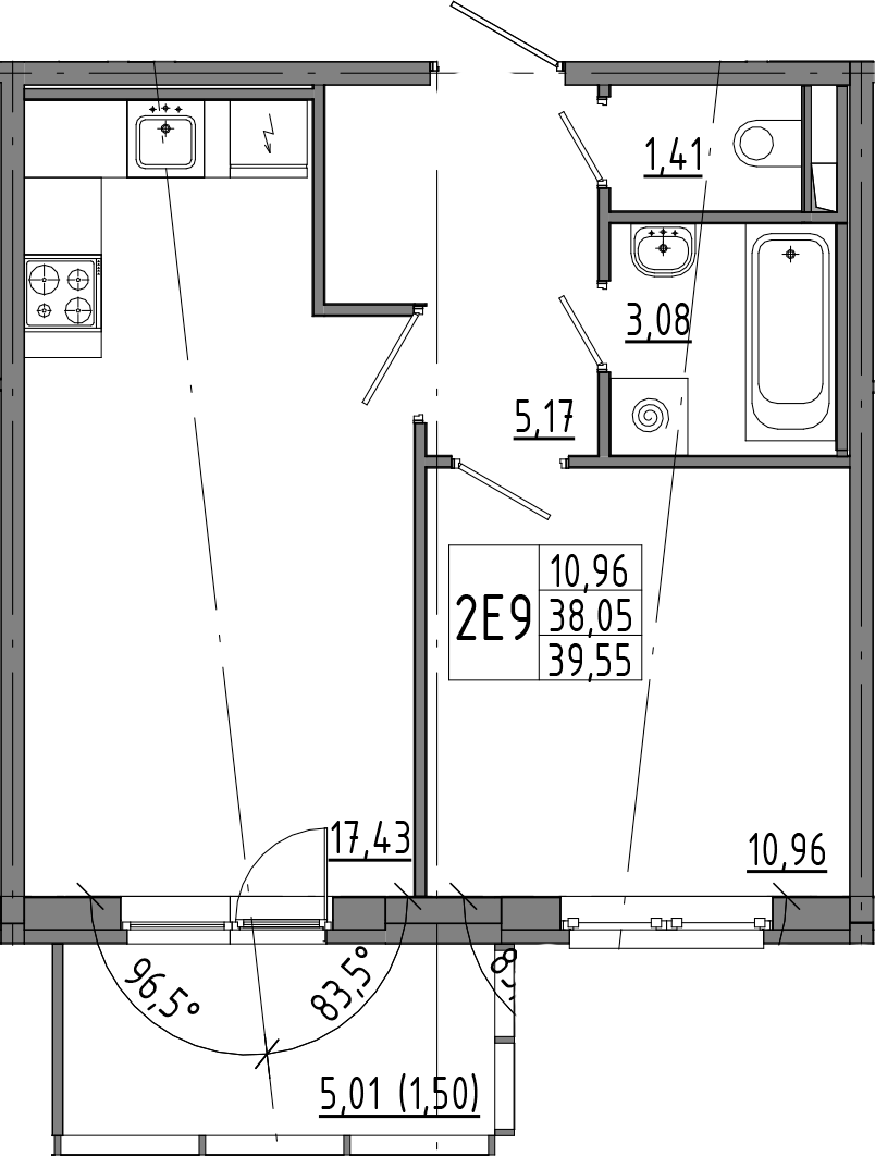 1-комнатная квартира 43.05 м², 2/8 эт., ЖК «OKLA»