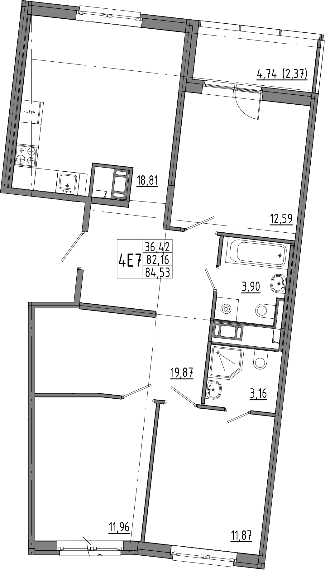 3-комнатная квартира 86.9 м², 4/8 эт., ЖК «OKLA»