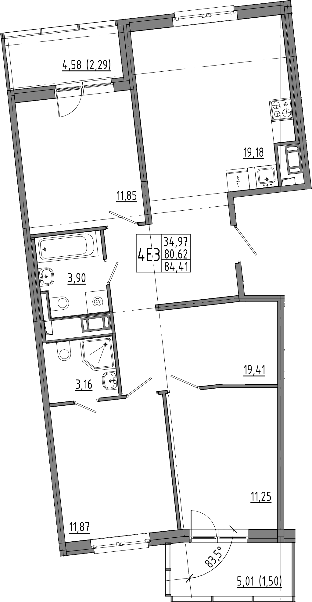 3-комнатная квартира 90.2 м², 6/8 эт., ЖК «OKLA»