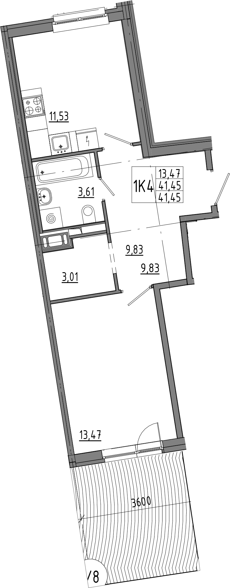 1-комнатная квартира 41.45 м², 1/8 эт., ЖК «OKLA»