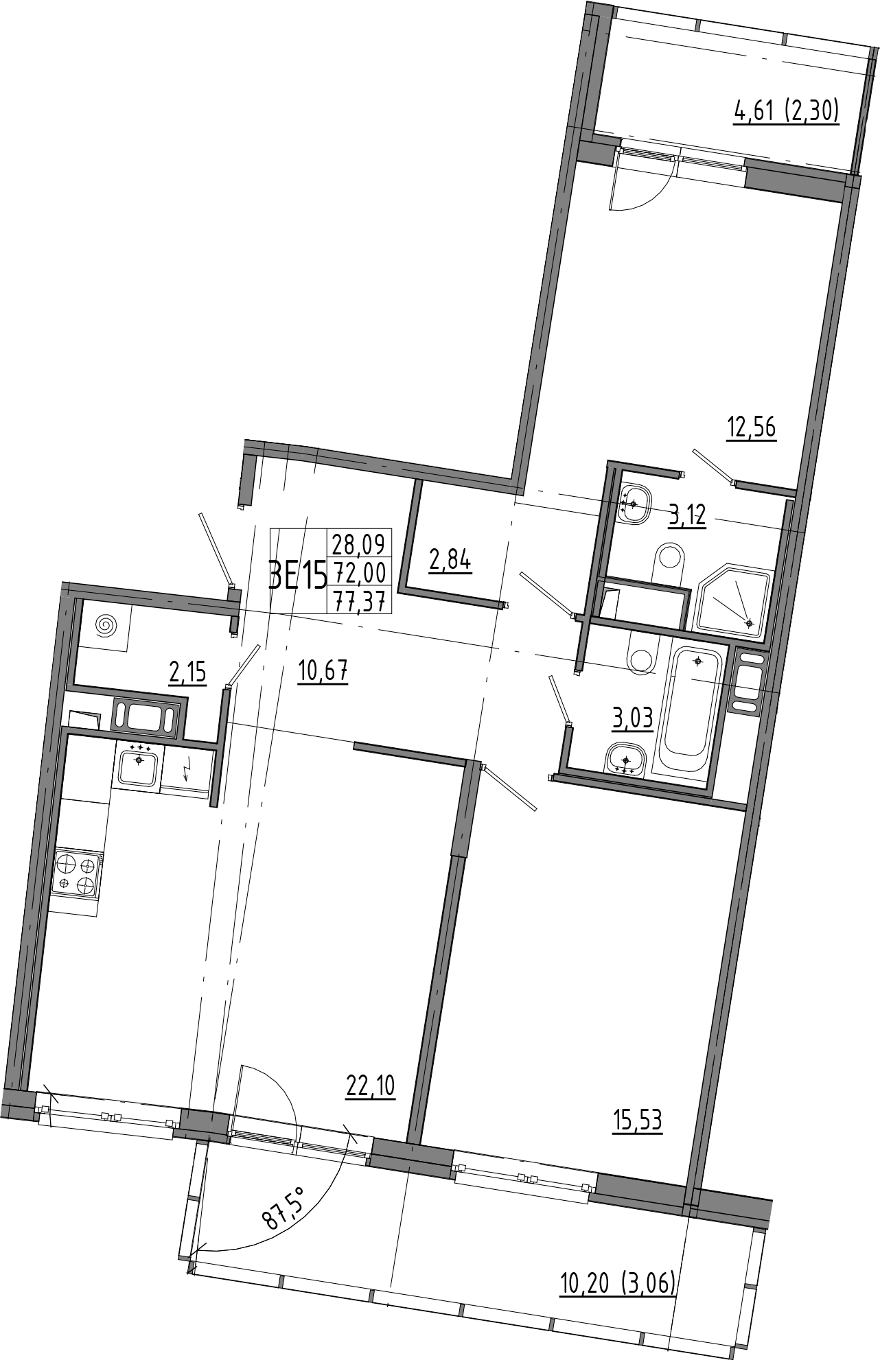 2-комнатная квартира 86.82 м², 2/8 эт., ЖК «OKLA»