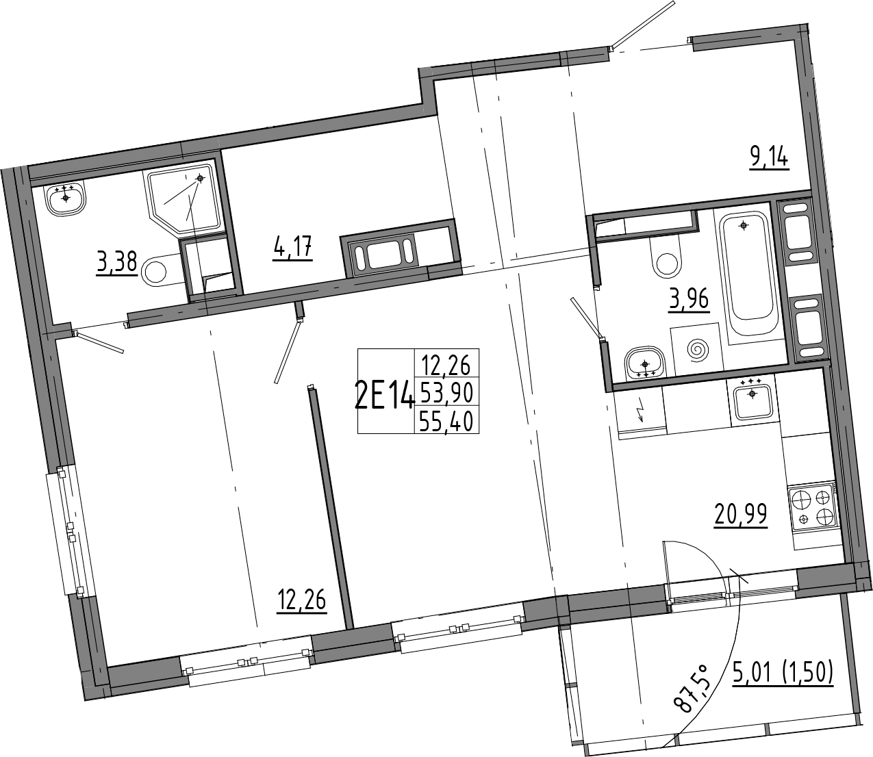 1-комнатная квартира 58.9 м², 2/8 эт., ЖК «OKLA»