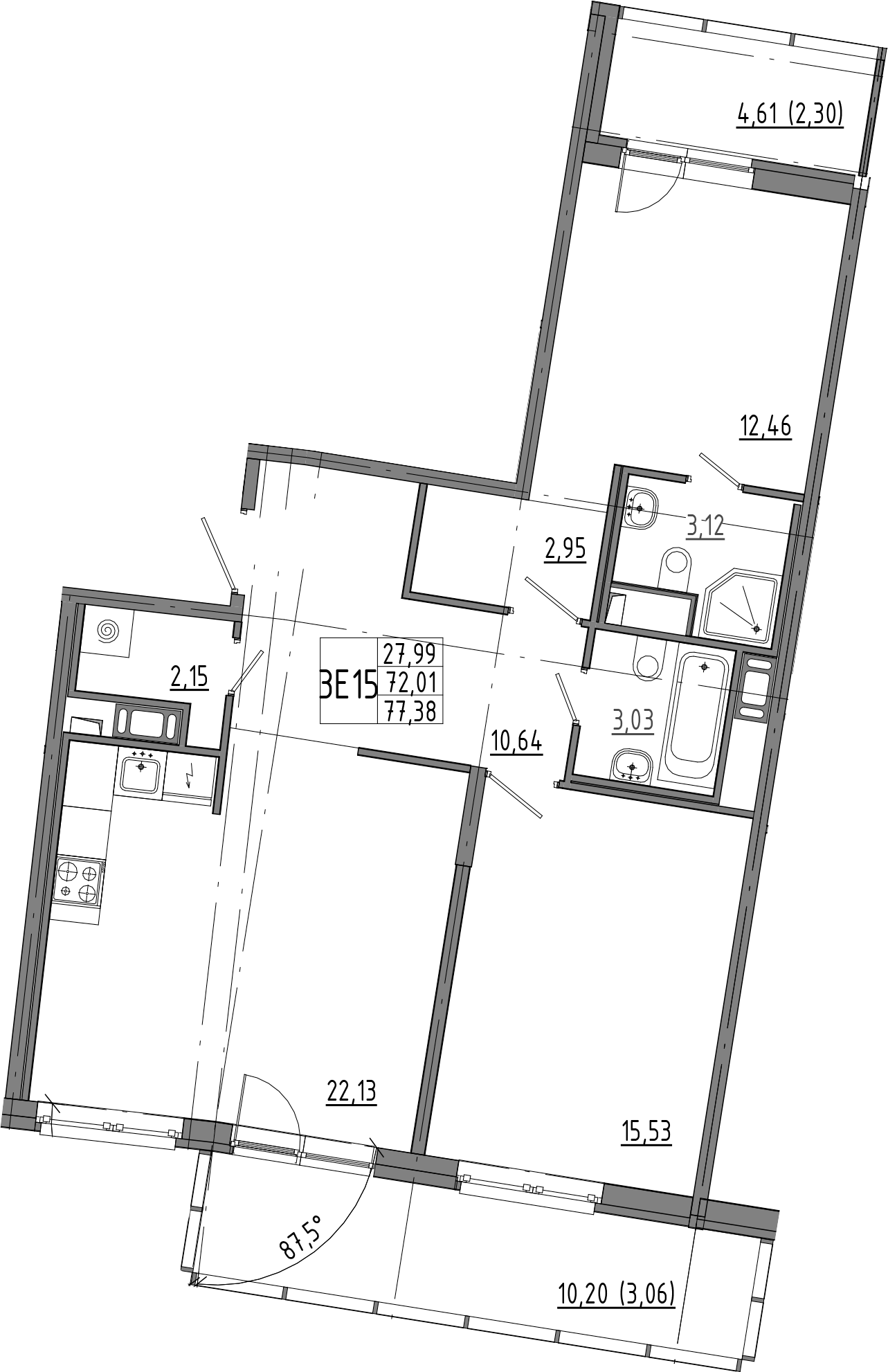 2-комнатная квартира 86.83 м², 8/8 эт., ЖК «OKLA»