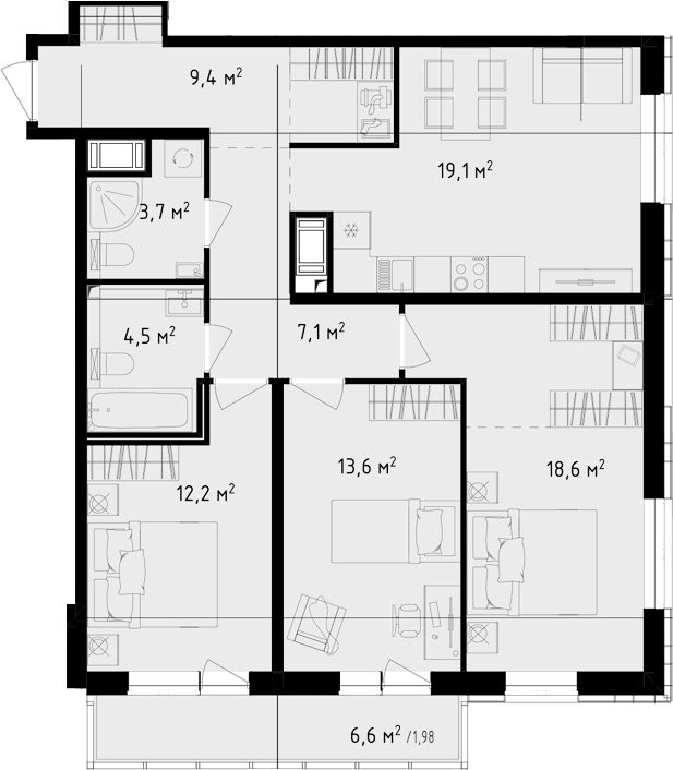 3-комнатная квартира 90.18 м², 16/24 эт., ЖК «OKLA»