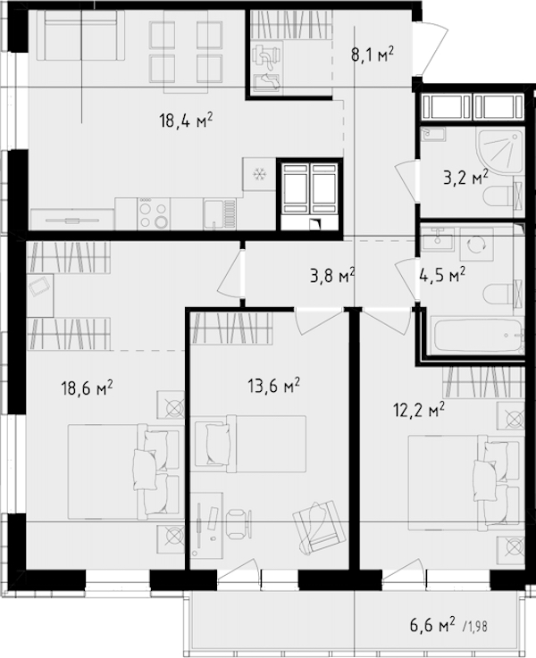 3-комнатная квартира 84.38 м², 18/24 эт., ЖК «OKLA»