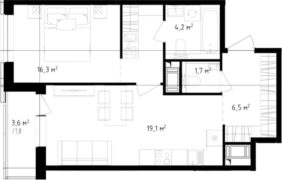 1-комнатная квартира 49.6 м², 19/24 эт., ЖК «OKLA»