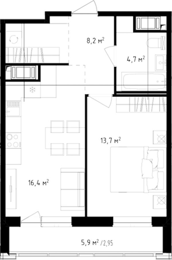 1-комнатная квартира 45.95 м², 21/24 эт., ЖК «OKLA»