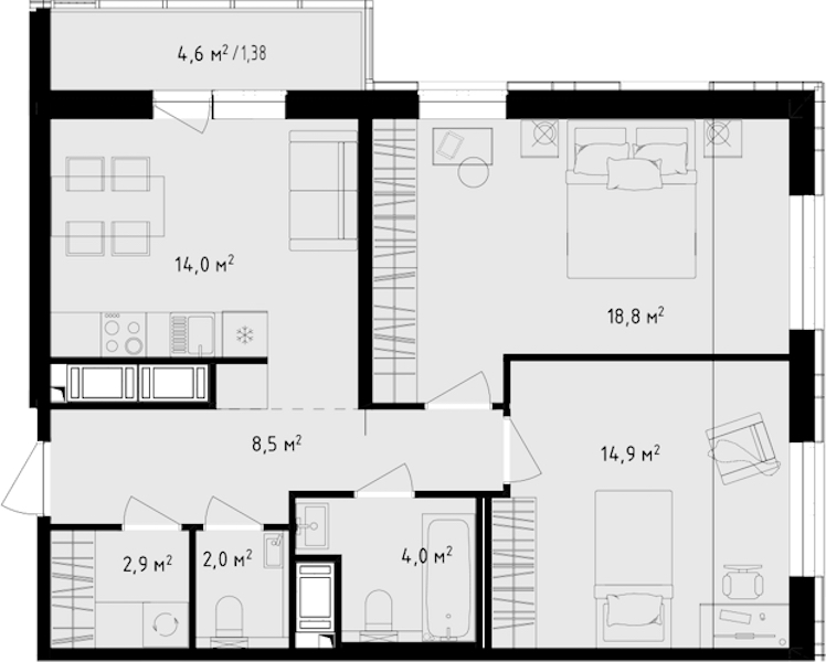 2-комнатная квартира 66.48 м², 22/24 эт., ЖК «OKLA»