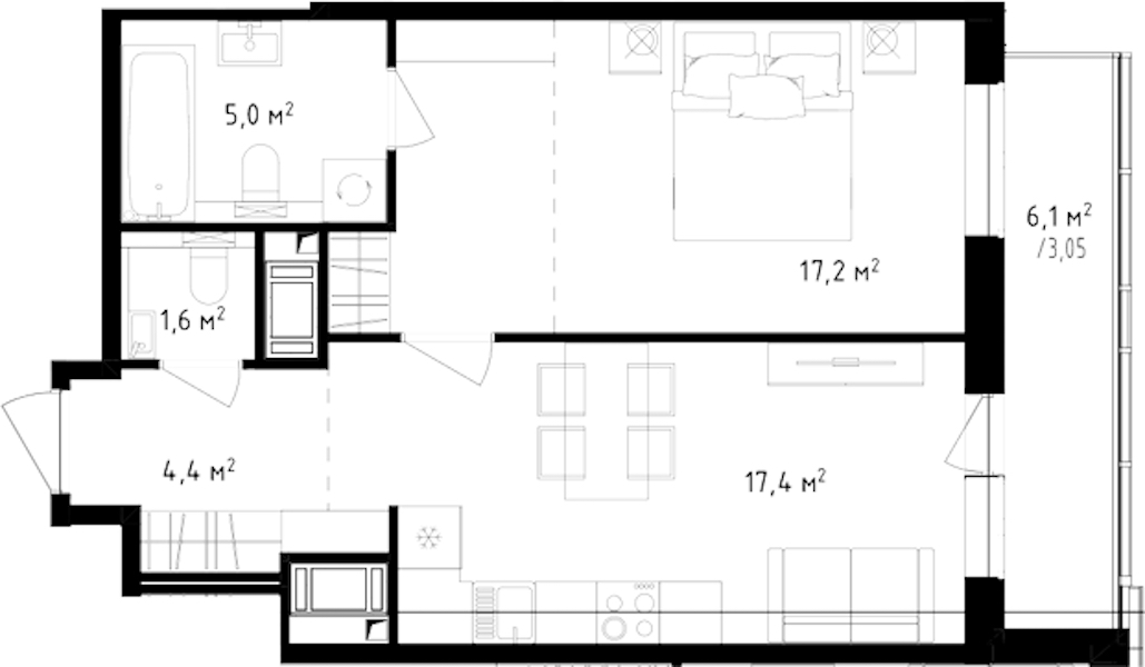 1-комнатная квартира 48.65 м², 22/24 эт., ЖК «OKLA»