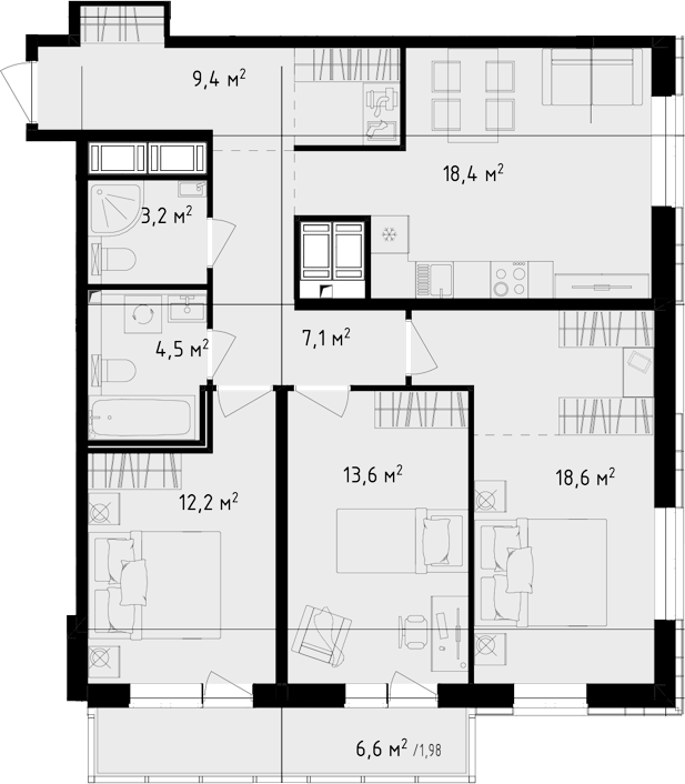 3-комнатная квартира 88.98 м², 22/24 эт., ЖК «OKLA»