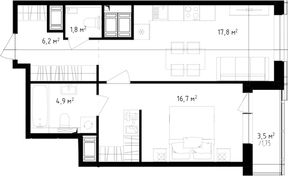1-комнатная квартира 49.15 м², 23/24 эт., ЖК «OKLA»