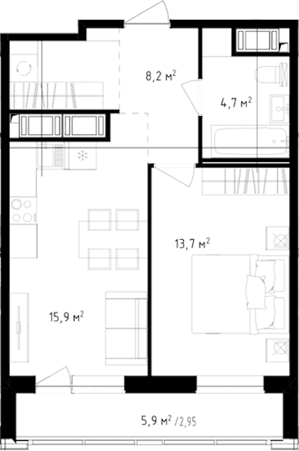 1-комнатная квартира 45.45 м², 24/24 эт., ЖК «OKLA»