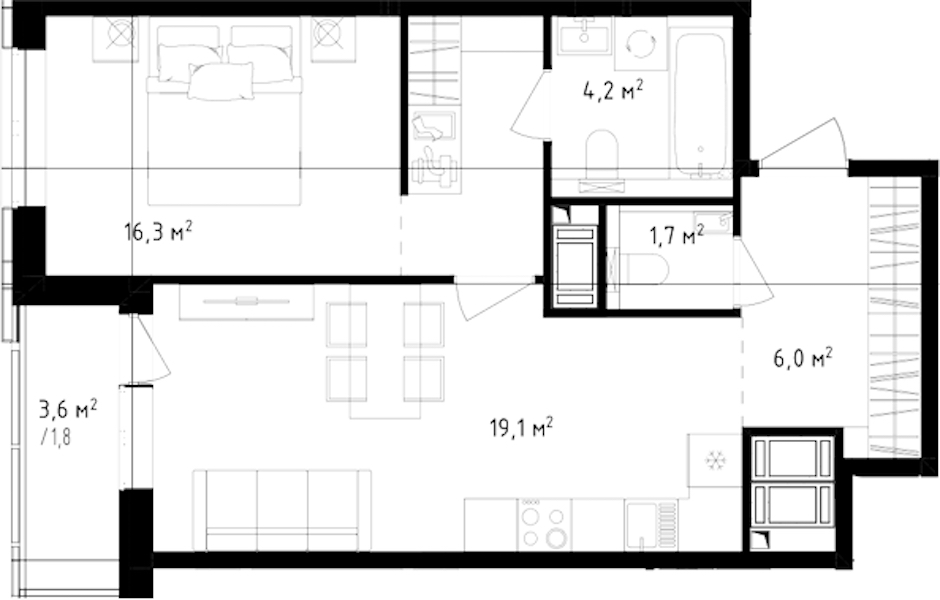 1-комнатная квартира 49.1 м², 24/24 эт., ЖК «OKLA»