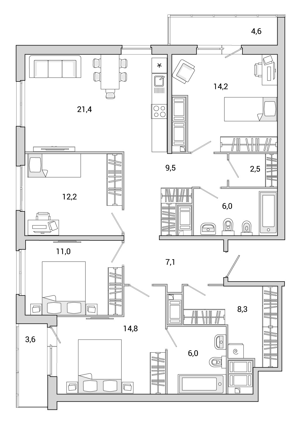 4-комнатная квартира 116.93 м², 25/24 эт., ЖК «OKLA»