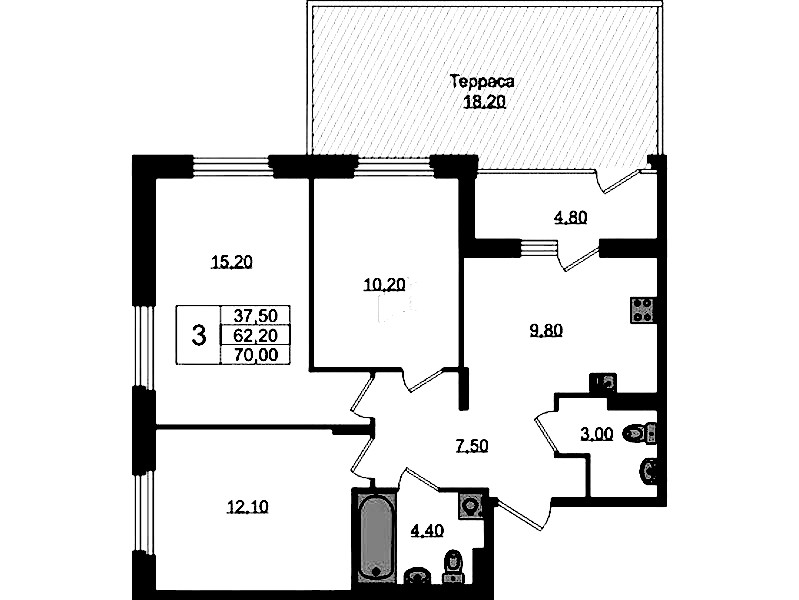 3-комнатная квартира 70 м², 1/3 эт., ЖК «Экография»