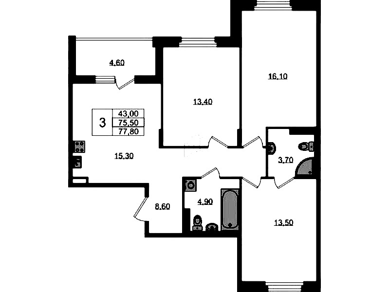 3-комнатная квартира 77.8 м², 2/3 эт., ЖК «Экография»