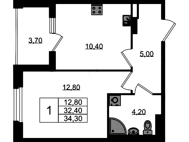 1-комнатная квартира 34.3 м², 3/3 эт., ЖК «Экография»