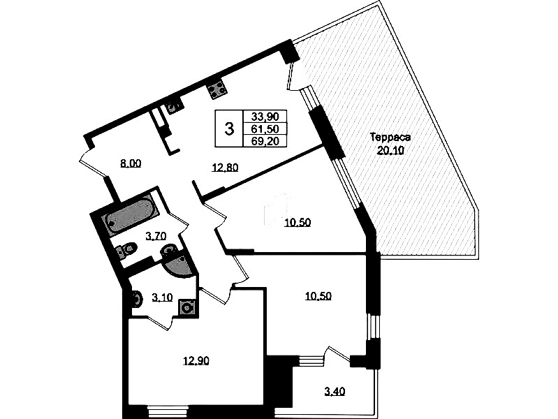 3-комнатная квартира 69.2 м², 1/3 эт., ЖК «Экография»