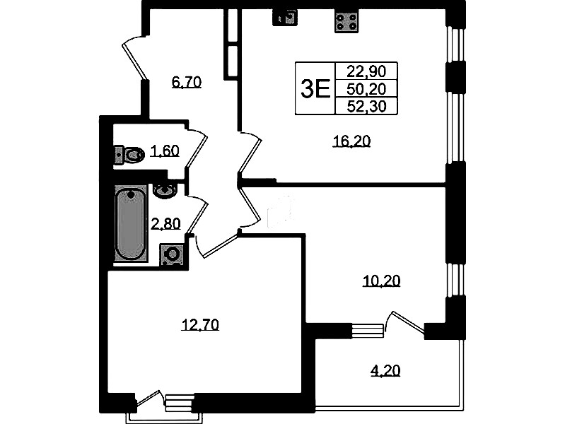 2-комнатная квартира 52.3 м², 3/3 эт., ЖК «Экография»