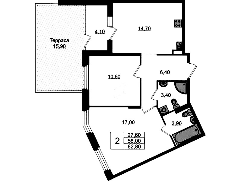 2-комнатная квартира 62.8 м², 1/3 эт., ЖК «Экография»