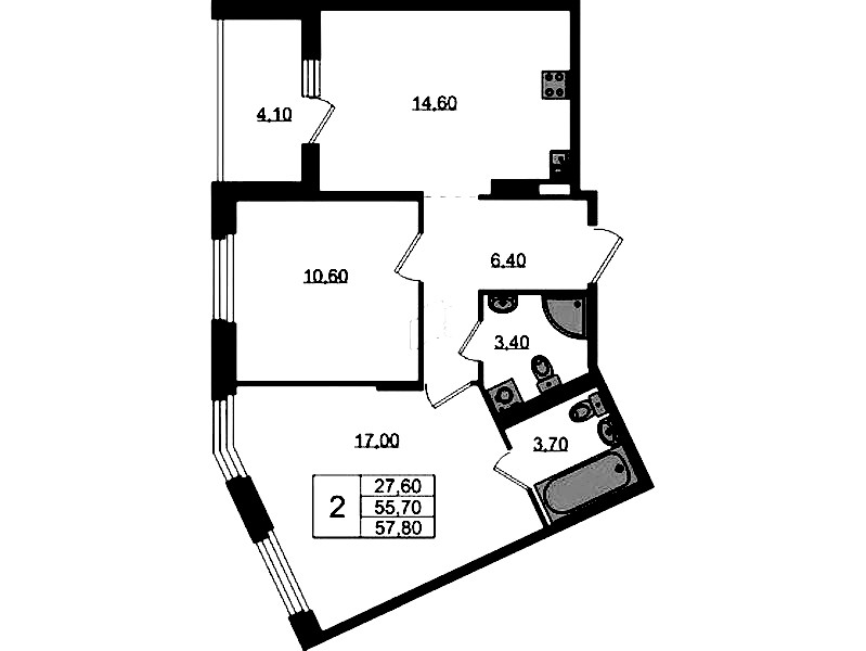 2-комнатная квартира 57.8 м², 3/3 эт., ЖК «Экография»