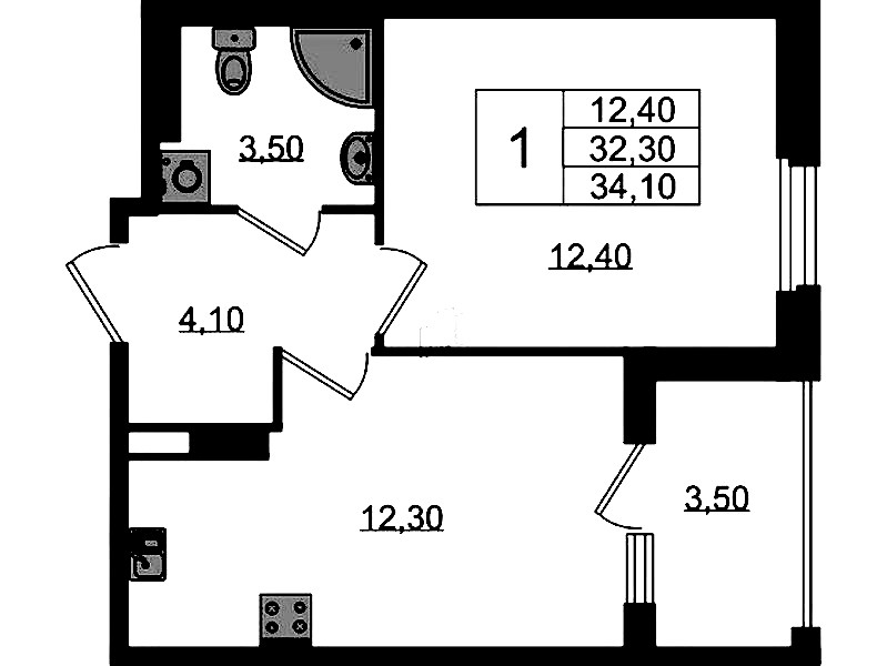 1-комнатная квартира 34.1 м², 3/3 эт., ЖК «Экография»