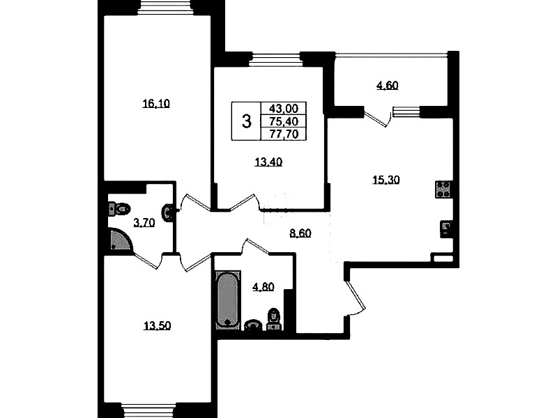 3-комнатная квартира 77.78 м², 3/3 эт., ЖК «Экография»