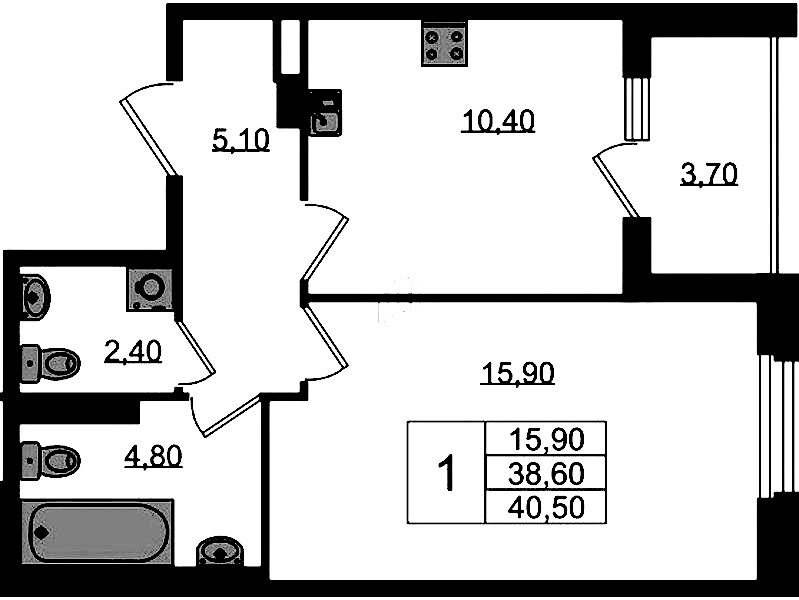 1-комнатная квартира 40.5 м², 2/3 эт., ЖК «Экография»