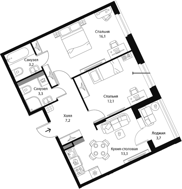 2-комнатная квартира 57.05 м², 3/3 эт., ЖК «Экография»