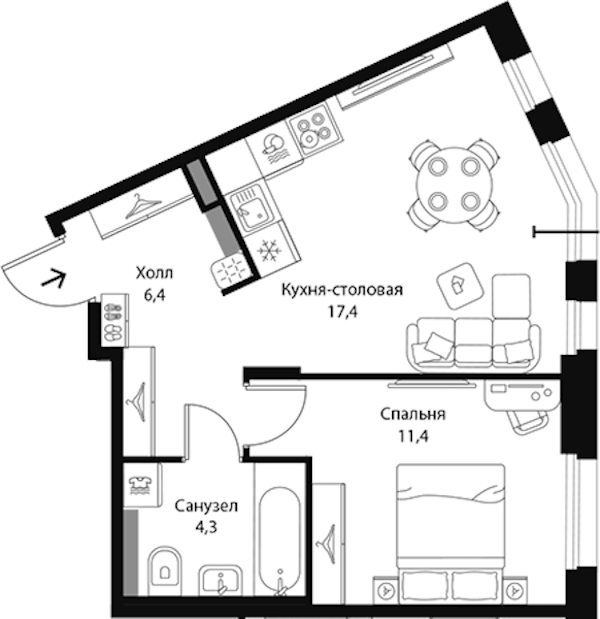 1-комнатная квартира 39.5 м², 3/3 эт., ЖК «Экография»
