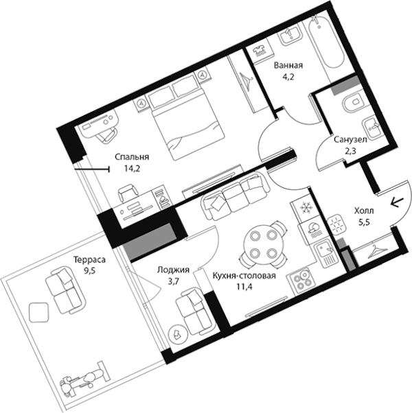 1-комнатная квартира 42.3 м², 1/3 эт., ЖК «Экография»
