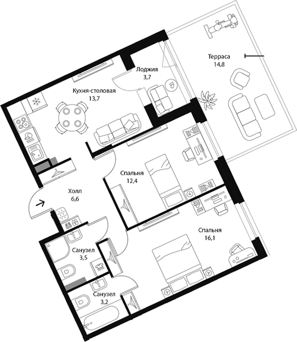 2-комнатная квартира 61.8 м², 1/3 эт., ЖК «Экография»