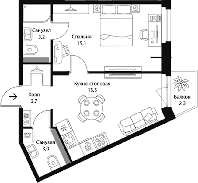 1-комнатная квартира 41.2 м², 3/3 эт., ЖК «Экография»