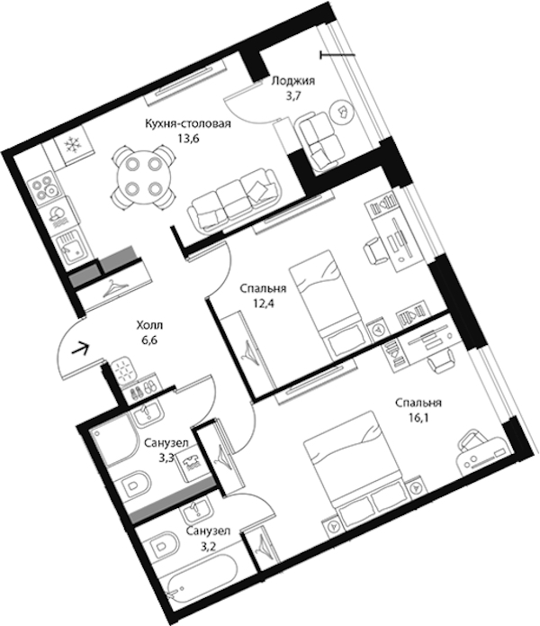 2-комнатная квартира 57.1 м², 3/3 эт., ЖК «Экография»