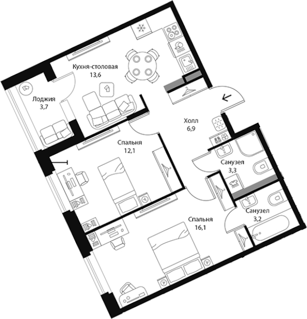 2-комнатная квартира 57.1 м², 3/3 эт., ЖК «Экография»
