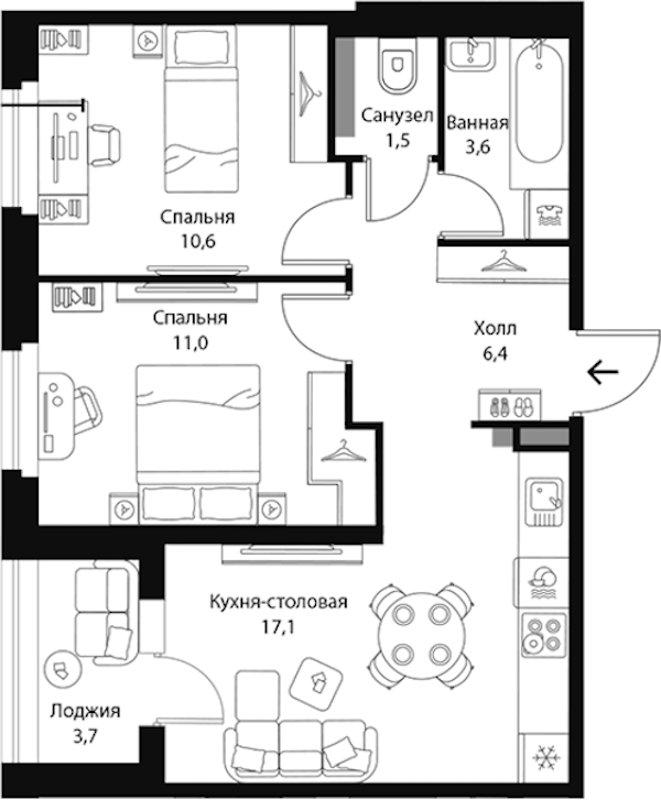 2-комнатная квартира 52.1 м², 2/3 эт., ЖК «Экография»