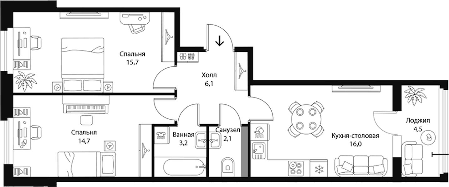 2-комнатная квартира 60.1 м², 3/3 эт., ЖК «Экография»